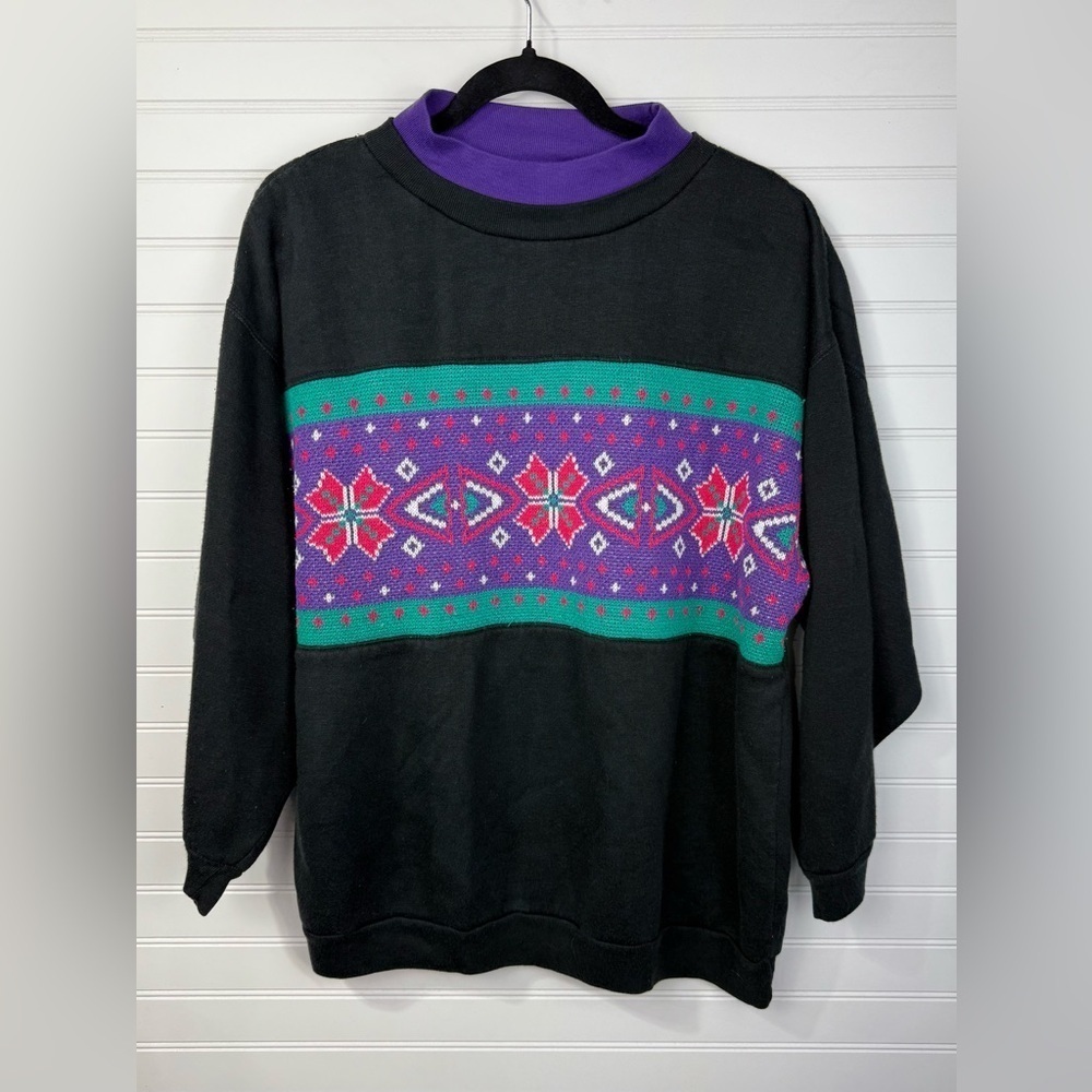 Black Geometric Panel Sweatshirt with Purple Mock Neck